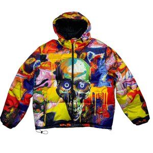 Tango Hotel Skull Splatter Puffer Jacket XL Colorful Zipper Front Hooded Gothic